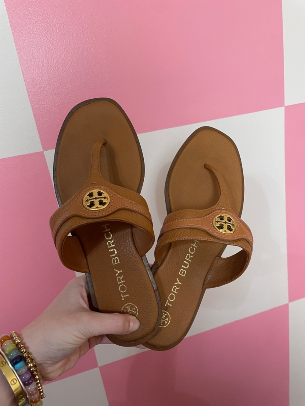 Tory Burch Tan Leather Logo Thong Sandals